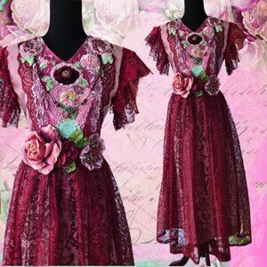 Burgundy Rose Dress Bejewelled Crystal and Velvet Millinery Roses OOAK - Sz Sm